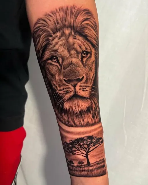 Tatuaje realismo de león por Alex Durango