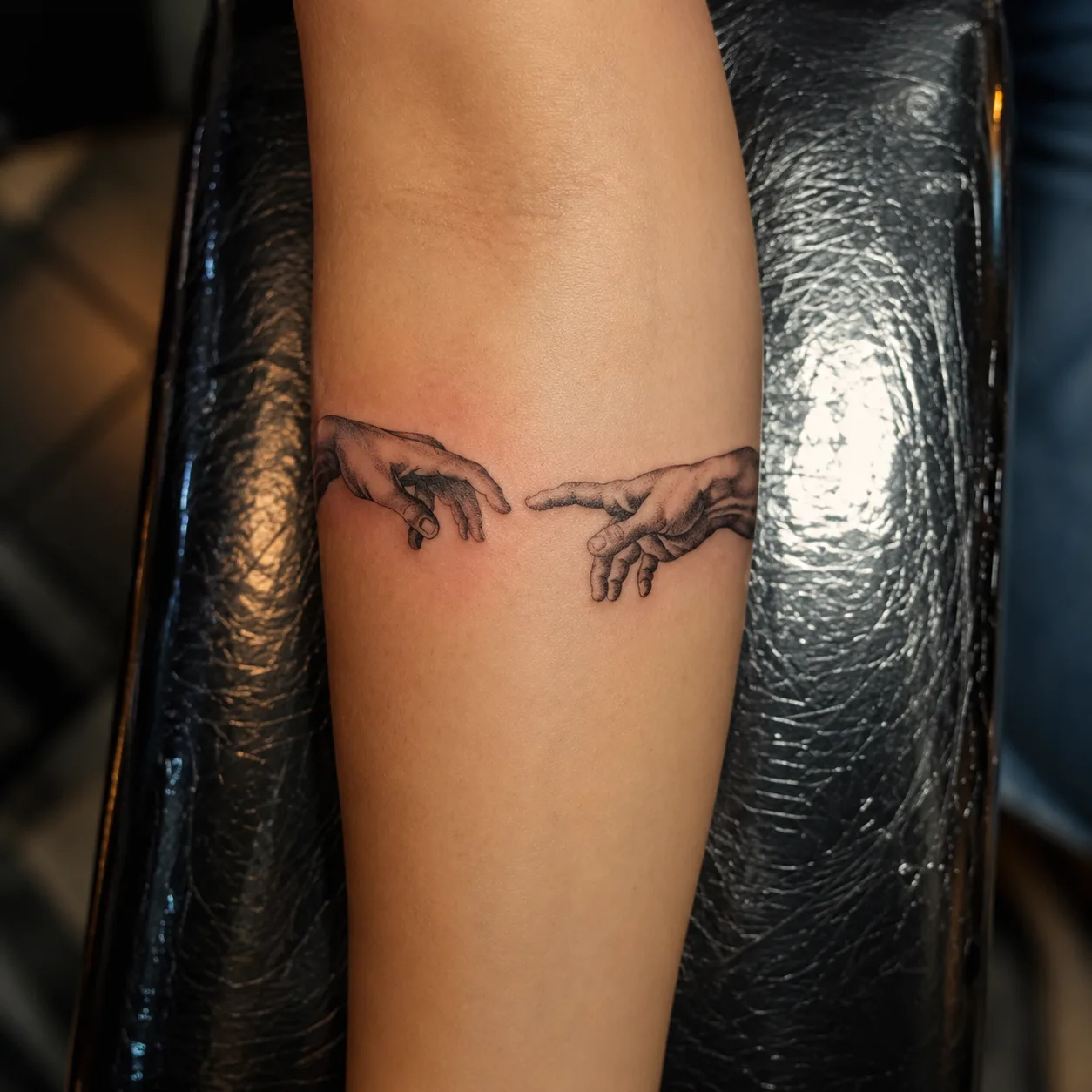 Tatuaje fineline manos de la creación