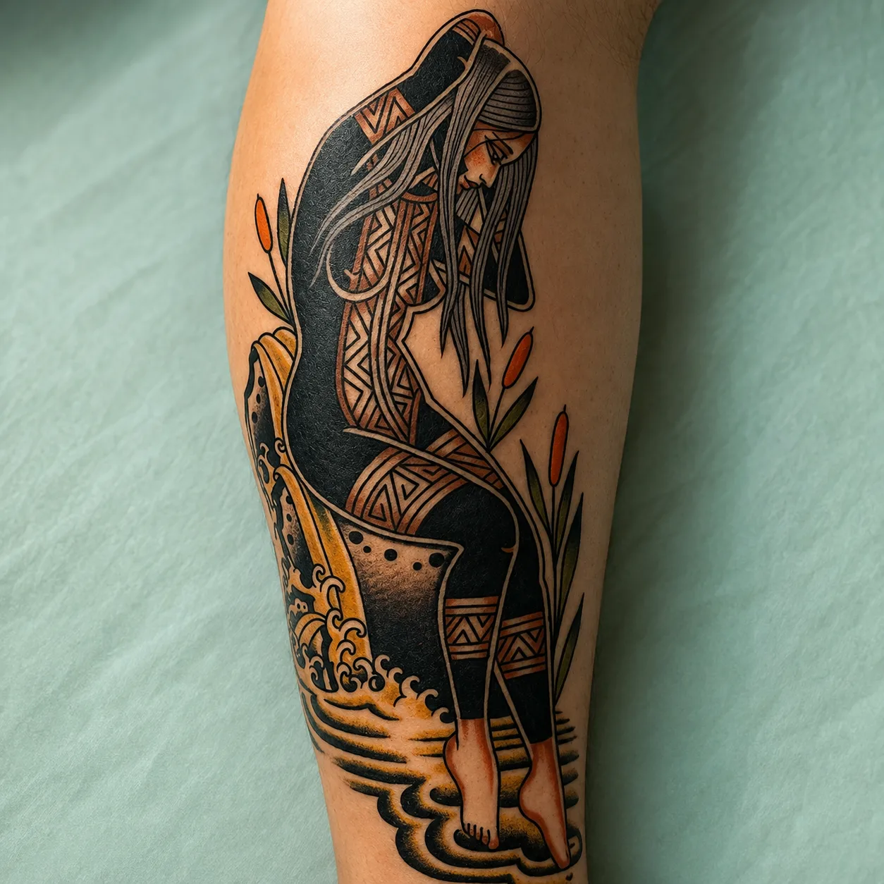 Tatuaje tradicional figura sentada, arte del estudio